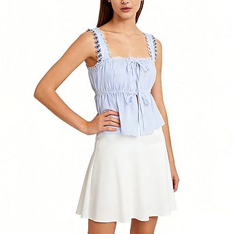 Women Satin Lace Trim Cami Top Tie-Front Smocked Waist Peplum Blouse for Casual Brunch Party Wear