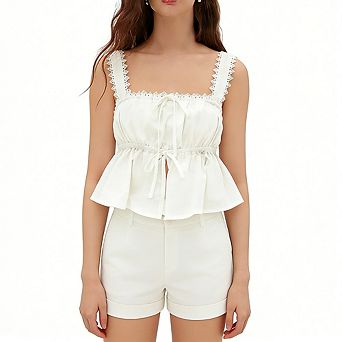 Women Satin Lace Trim Cami Top Tie-Front Smocked Waist Peplum Blouse for Casual Brunch Party Wear