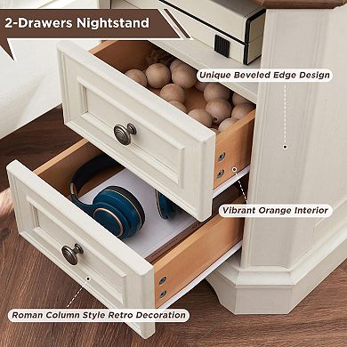 18" Farmhouse Nightstand Charging Station 2 Drawer Wood Bedside Table