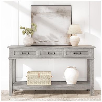 Wooden Console Table with Three Drawers and Open Shelves for Entryway