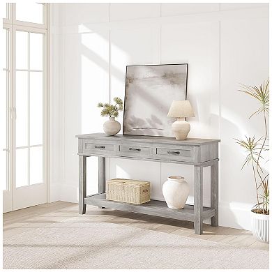 Wooden Console Table with Three Drawers and Open Shelves for Entryway