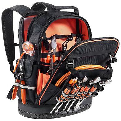 64-Pocket Tool Backpack 14.4 x 7.7 x 18.5 in with Removable Divider and Laptop Compartment Black