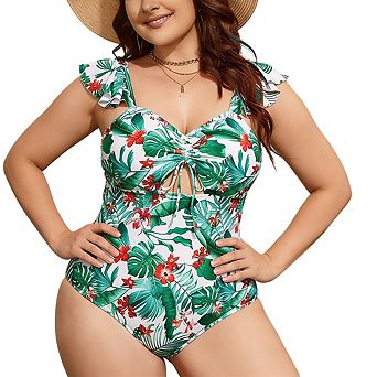Plus Size Floral Print One-Piece Swimsuit Ruffle Strap Knot Front Bathing Suit for Beach Pool Wear