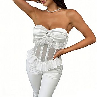 Women Strapless Bustier Top Lace Mesh Corset Blouse Ruffled Hem for Evening Party Formal Wear