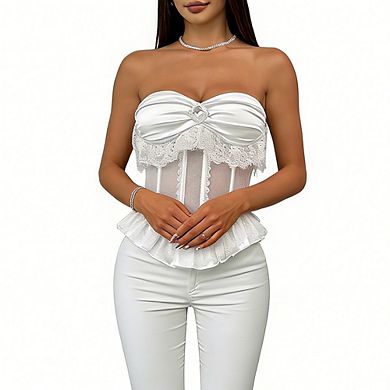 Women Strapless Bustier Top Lace Mesh Corset Blouse Ruffled Hem for Evening Party Formal Wear