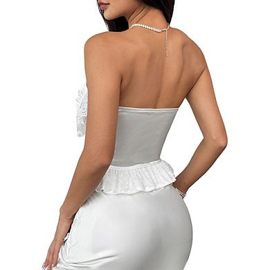 Women Strapless Bustier Top Lace Mesh Corset Blouse Ruffled Hem for Evening Party Formal Wear