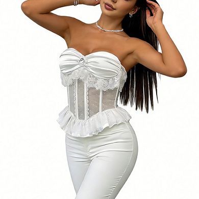 Women Strapless Bustier Top Lace Mesh Corset Blouse Ruffled Hem for Evening Party Formal Wear