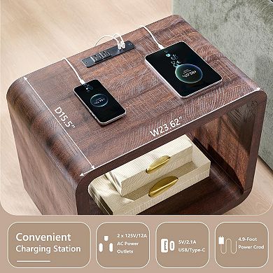 23.6" Modern End Table with Charging Station 2-Tier Open Shelf Nightstand