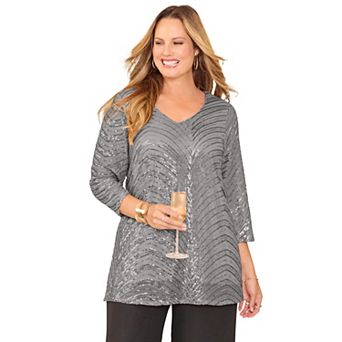 Catherines Women's Plus Size V-Neck Sequin Top