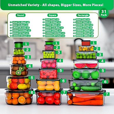 Large Airtight Food Storage Containers, 62-Piece BPA-Free Leakproof Set with Lids