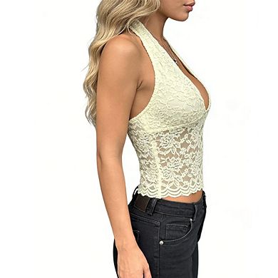 Women's Deep V-Neck Tank Sleeveless Lace Crop Top Halter Neck Top