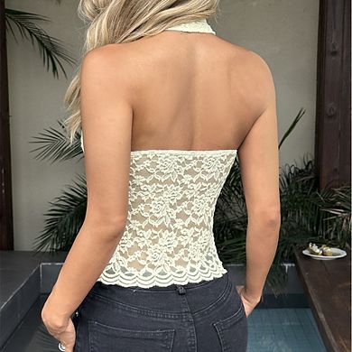 Women's Deep V-Neck Tank Sleeveless Lace Crop Top Halter Neck Top