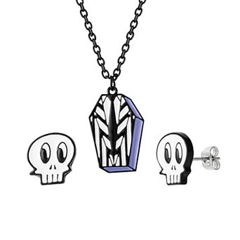 Beetlejuice Jewelry Set Fashion 16"+3" Coffin Necklace and Skull Stud Earrings
