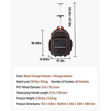 2-in-1 Rolling Tool Backpack with 45 Pockets for Electricians and Plumbers - Black and Orange