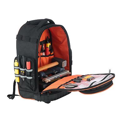 2-in-1 Rolling Tool Backpack with 45 Pockets for Electricians and Plumbers - Black and Orange