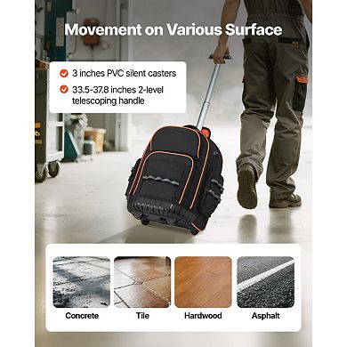 2-in-1 Rolling Tool Backpack with 45 Pockets for Electricians and Plumbers - Black and Orange
