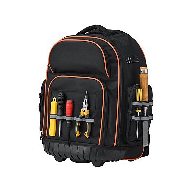 2-in-1 Rolling Tool Backpack with 45 Pockets for Electricians and Plumbers - Black and Orange