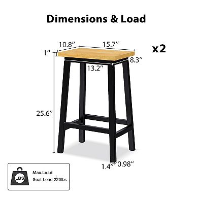 Merax Solid Wood Bar Stools, 25.6" Tall Set of 2 Bar Chairs, Kitchen Counter Stools with Footrests
