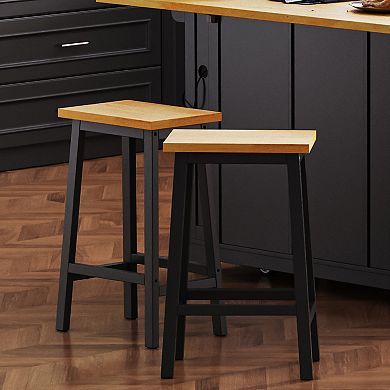Merax Solid Wood Bar Stools, 25.6" Tall Set of 2 Bar Chairs, Kitchen Counter Stools with Footrests