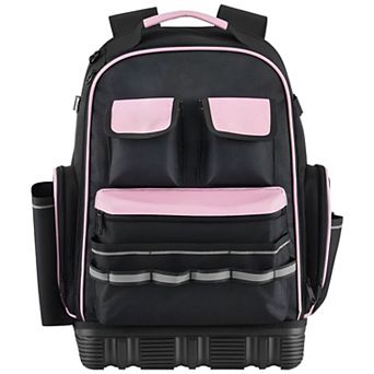 Worksite Tool Backpack 13 x 7.87 x 19.29 in 56 Pockets with Padded Straps and Mesh Back Black & Pink