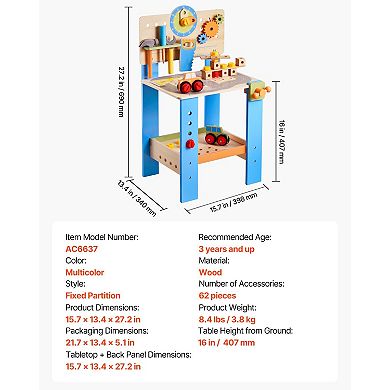 62-Piece Wooden Tool Bench for Kids - Educational Construction Set