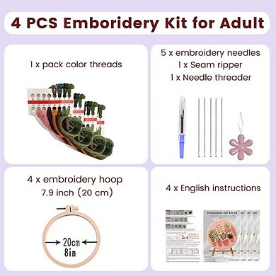 Floral Embroidery Starter Kits, 4-Pack Adult DIY Set