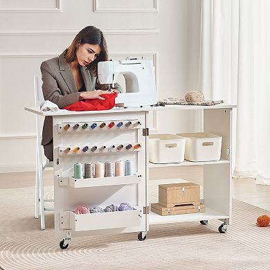 Multipurpose Folding Sewing Table with Magnetic Doors & Storage Trays