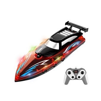 RC Racing Boat w/ LED Lights, 10KM/H, 2.4GHz Remote, 2 Batteries & Safety Alarms