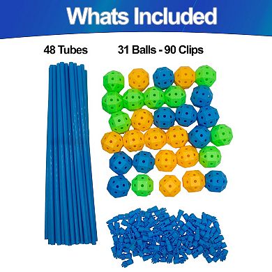 Tubes and Balls Building Set - 48 Tubes 31 Balls 90 Clips, Durable Plastic for Forts & Towers