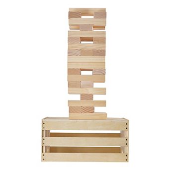 Wooden Tumbling Tower Game with 60 Blocks Storage Crate and Scoreboard for Family Play