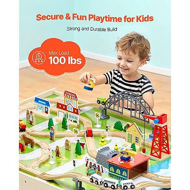 Wooden Train Table 120pc Kids Activity Table with Collapsible Storage Bin