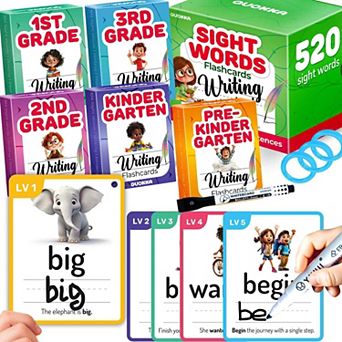 QUOKKA Sight Words 520 Flash Cards Pre-K to 3rd Grade Jumbo Set with Dry-Erase Color-Coded Levels