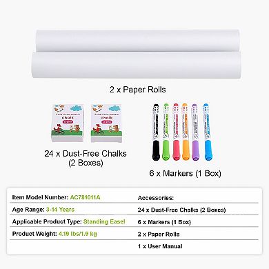 Kids Art Easel Accessory Set 32pc Markers Chalk and Paper Roll Kit