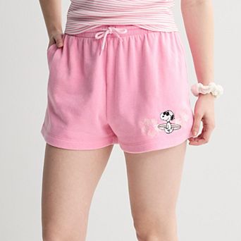 Juniors' Snoopy Tropical Fleece Shorts