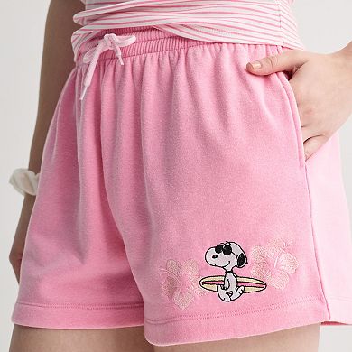 Juniors' Snoopy Tropical Fleece Shorts