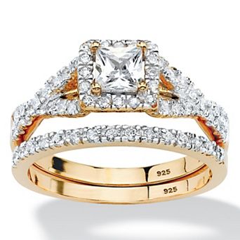 PalmBeach Jewelry .97 TCW Princess-Cut CZ 2 pc Halo Bridal Set Gold-Plated Sterling Silver