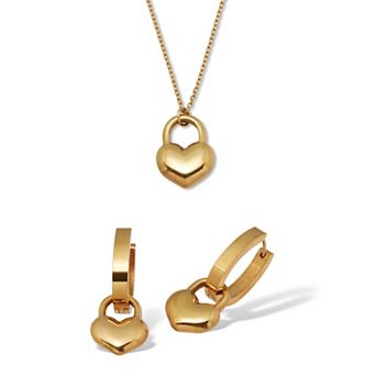 PalmBeach Jewelry Heart Yellow Gold Ion-Plated Stainless Steel Pendant Necklace Set 18 inch