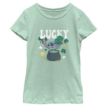 Girls' Disney Stitch Lucky Pot Of Gold Short Sleeve Graphic Tee
