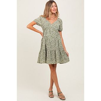 Maternity Olive Floral Tiered V-Neck Mini Dress