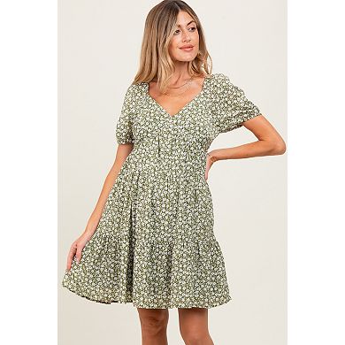 Maternity Olive Floral Tiered V-Neck Mini Dress