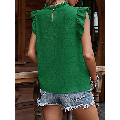Women's Cute and Fashionable Pleated Shoulder Ruffle Sleeves Solid Color Top Short T-shirt