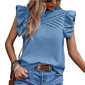 Women's Cute and Fashionable Pleated Shoulder Ruffle Sleeves Solid Color Top Short T-shirt
