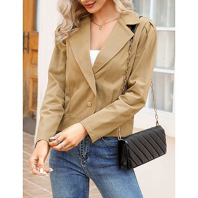 Women's Cropped Jacket Suit Lapel Soild Design Button Down Tops
