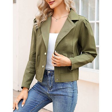 Women's Cropped Jacket Suit Lapel Soild Design Button Down Tops