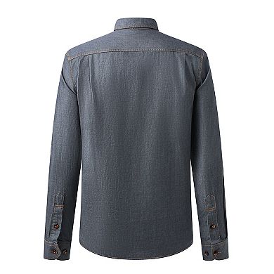 Men's 100% Cotton Slim Denim Shirt - Long Sleeve with Dual Pockets, Work & Casual