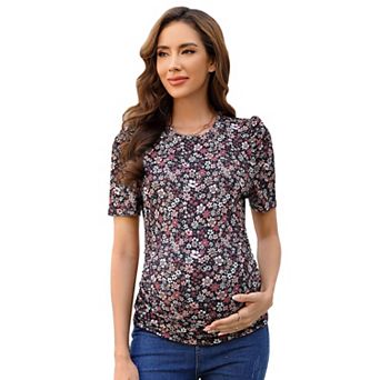 Women's Maternity Tops Floral Print Puff Sleeve Ruched Tunic for Pregnancy