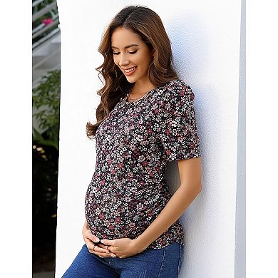 Women's Maternity Tops Floral Print Puff Sleeve Ruched Tunic for Pregnancy