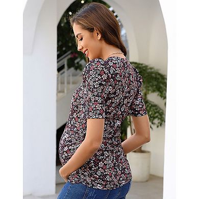 Women's Maternity Tops Floral Print Puff Sleeve Ruched Tunic for Pregnancy