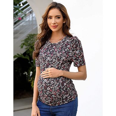 Women's Maternity Tops Floral Print Puff Sleeve Ruched Tunic for Pregnancy