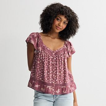 Juniors' Pink Republic Woven Button Front Top